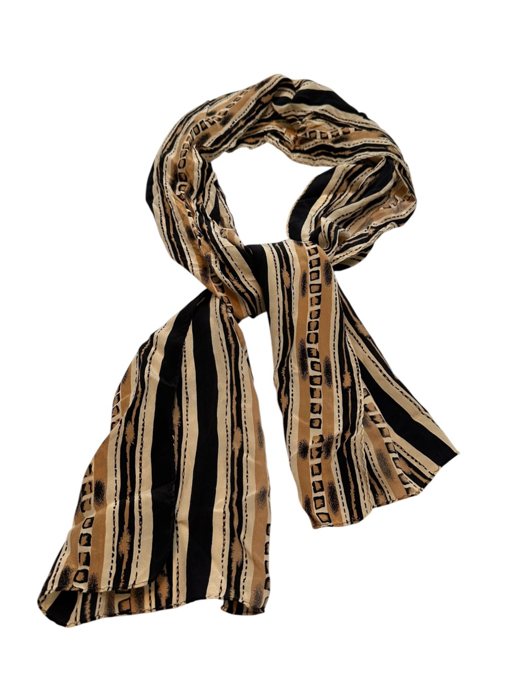 CASSA 100% Silk Black Tan & Cream Geometric Stripe Scarf, Vintage